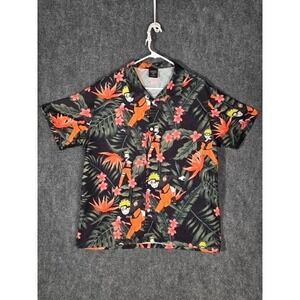 Naruto Shippuden Mens Large Tropical Floral Button Down Shirt Black Orange Anime